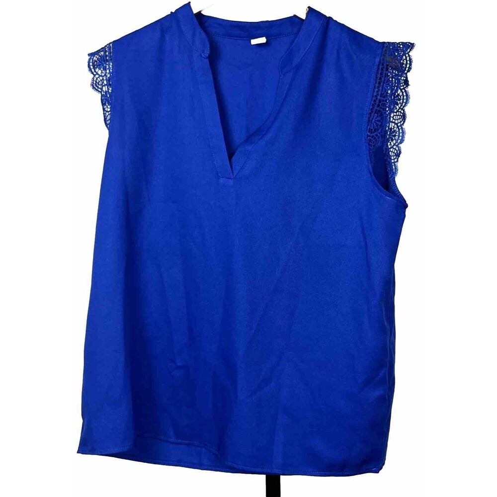 Crochet Top Sleeveless V Neck Camisole Blouse Cami Shell Blue Large Career Work